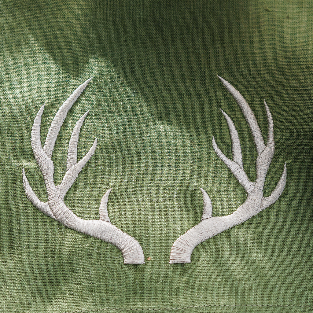Crown Linens Embroidered Antlers Linen Guest Tea Towel Evergreen/Taupe