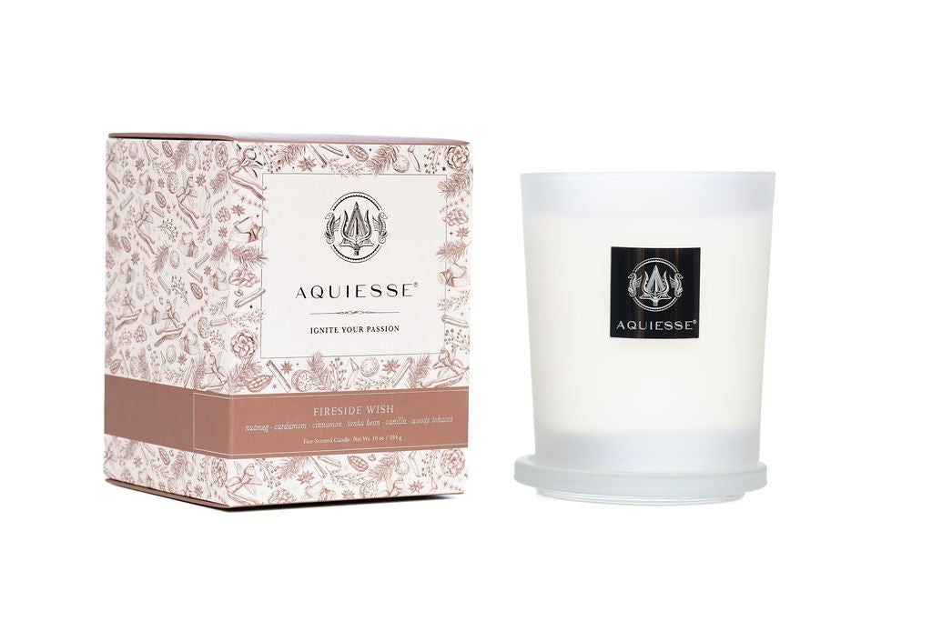 Aquiesse Fireside Wish Holiday Scented Candle in frosted glass reusable vessel