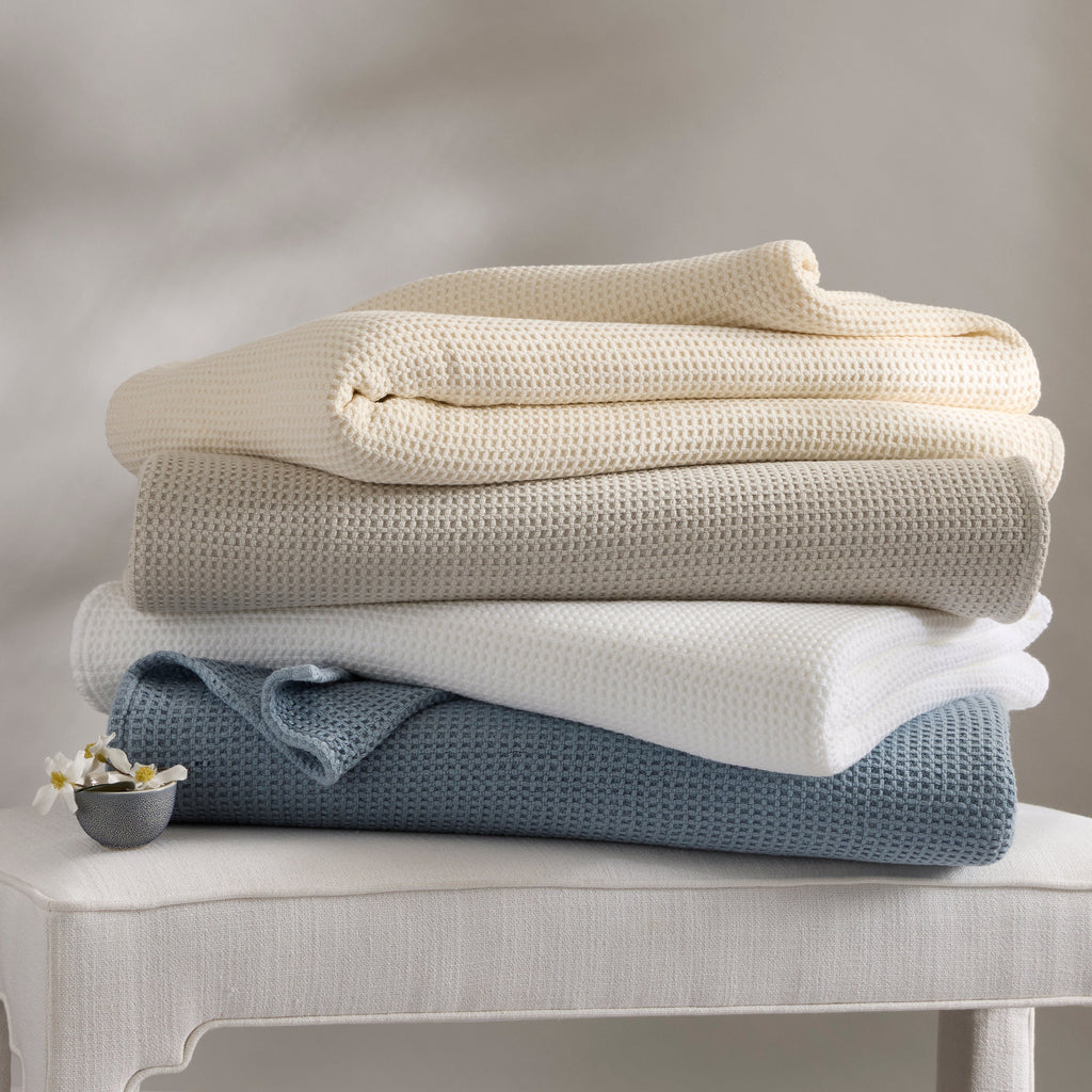 Matouk Cotton Waffle Chatham Blanket in White, Ivory, Silver, and Hazy Blue