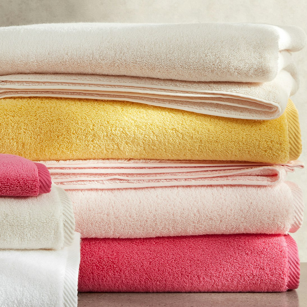 Matouk Milagro Plush Luxurious Bath Towels in Petal Pink, Canary Yellow, and Hot Pink