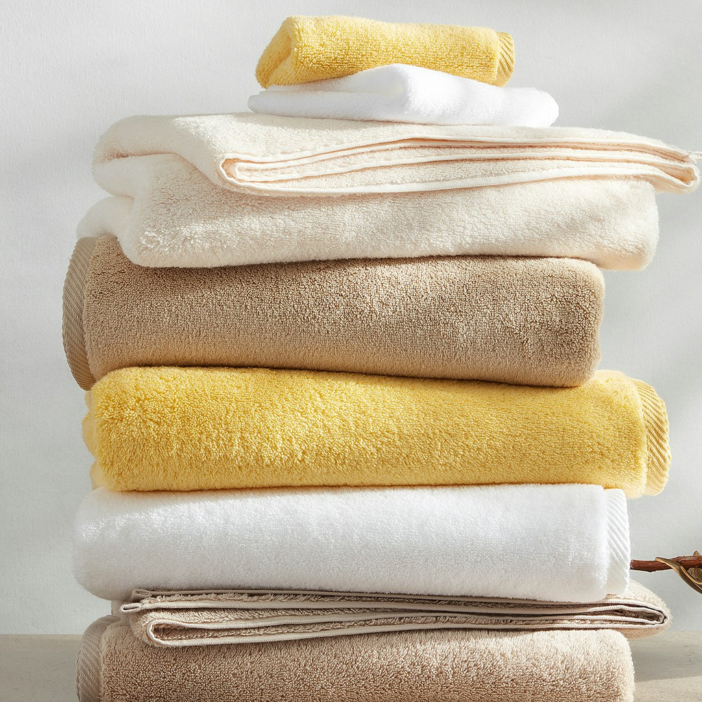 Matouk Milagro Plush Luxurious Bath Towels in Canary Yellow, Linen, and White