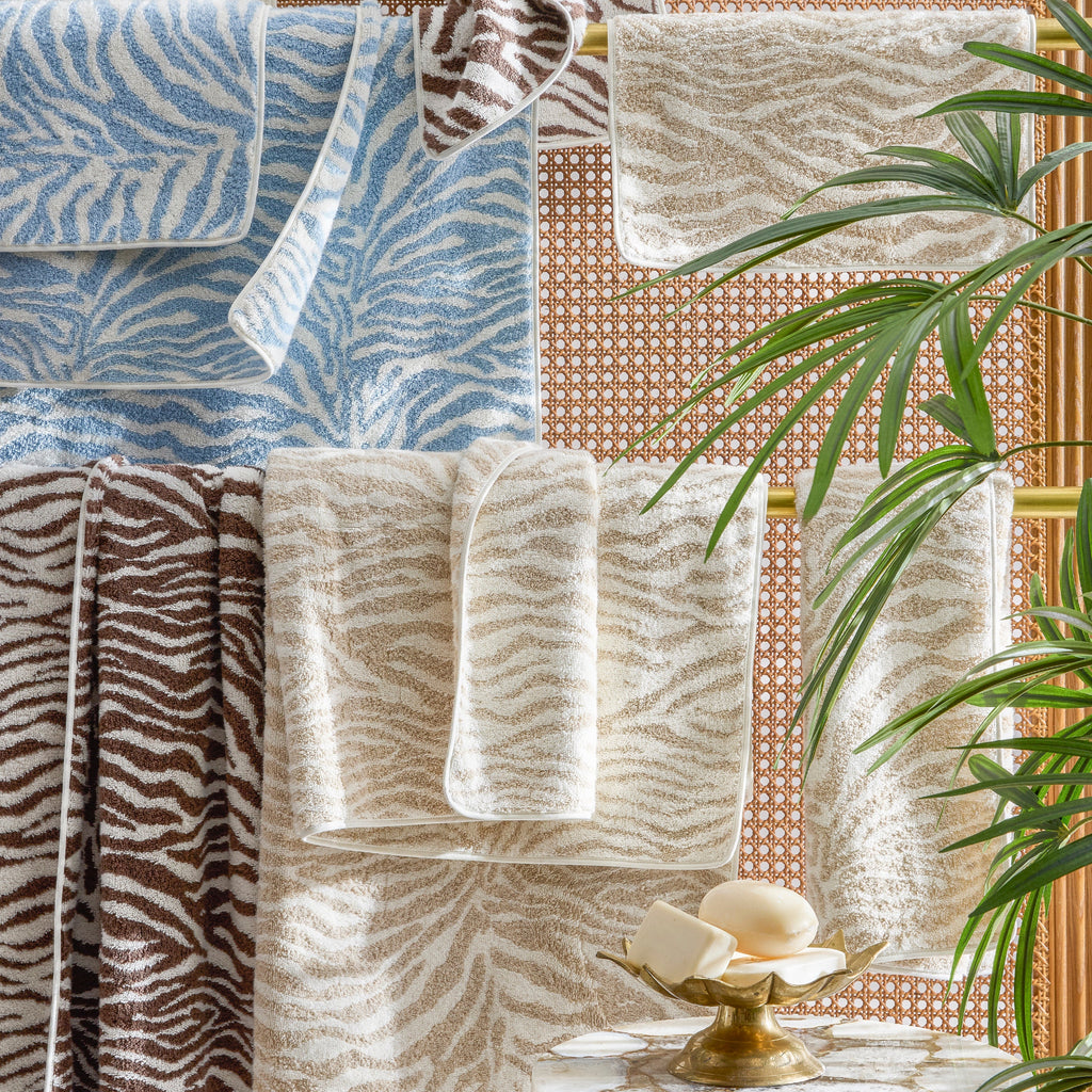 Matouk Regine Zebra Print Cotton Linen Blend Bath Towels in Hydrangea Blue, Sable Brown, and Sand