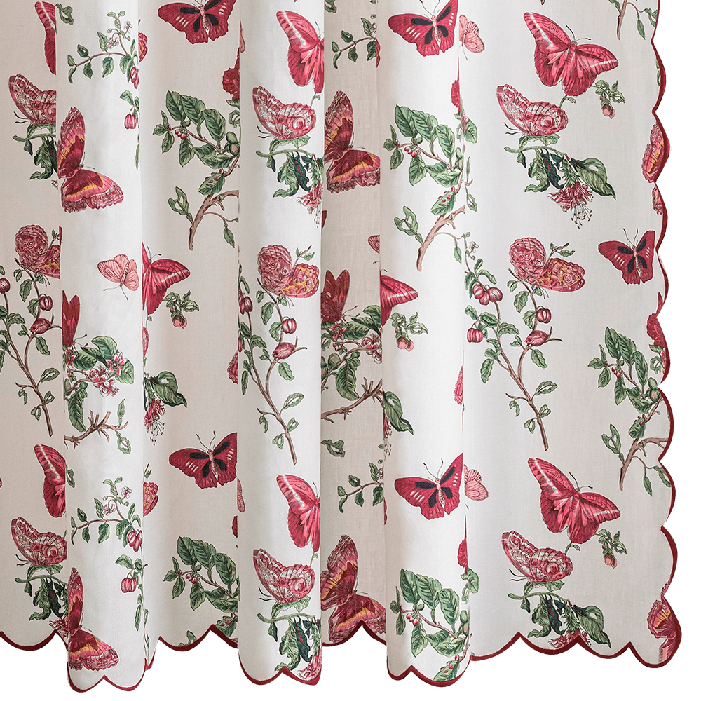 Matouk Schumacher Baudin Butterfly Linen Shower Curtain with embroidered scalloped edges