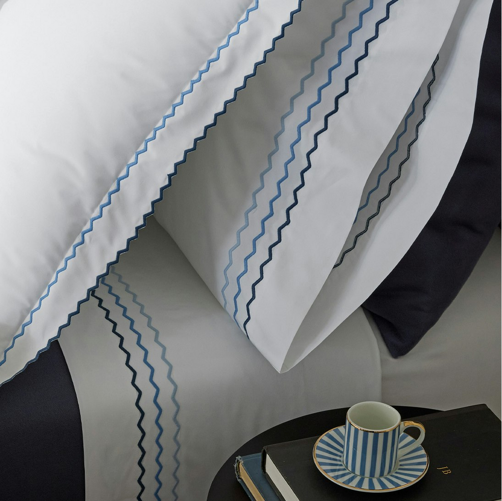 Matouk Axel Triple Zigzag Embroidered Sheets, Duvet Cover + Shams in Azure
