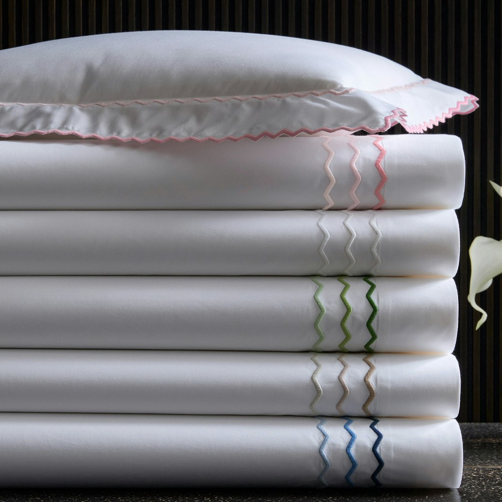 Matouk Axel Triple Zigzag Embroidered Sheets, Duvet Cover + Shams in Pink, White, Spring Green, Dune, and Azure

