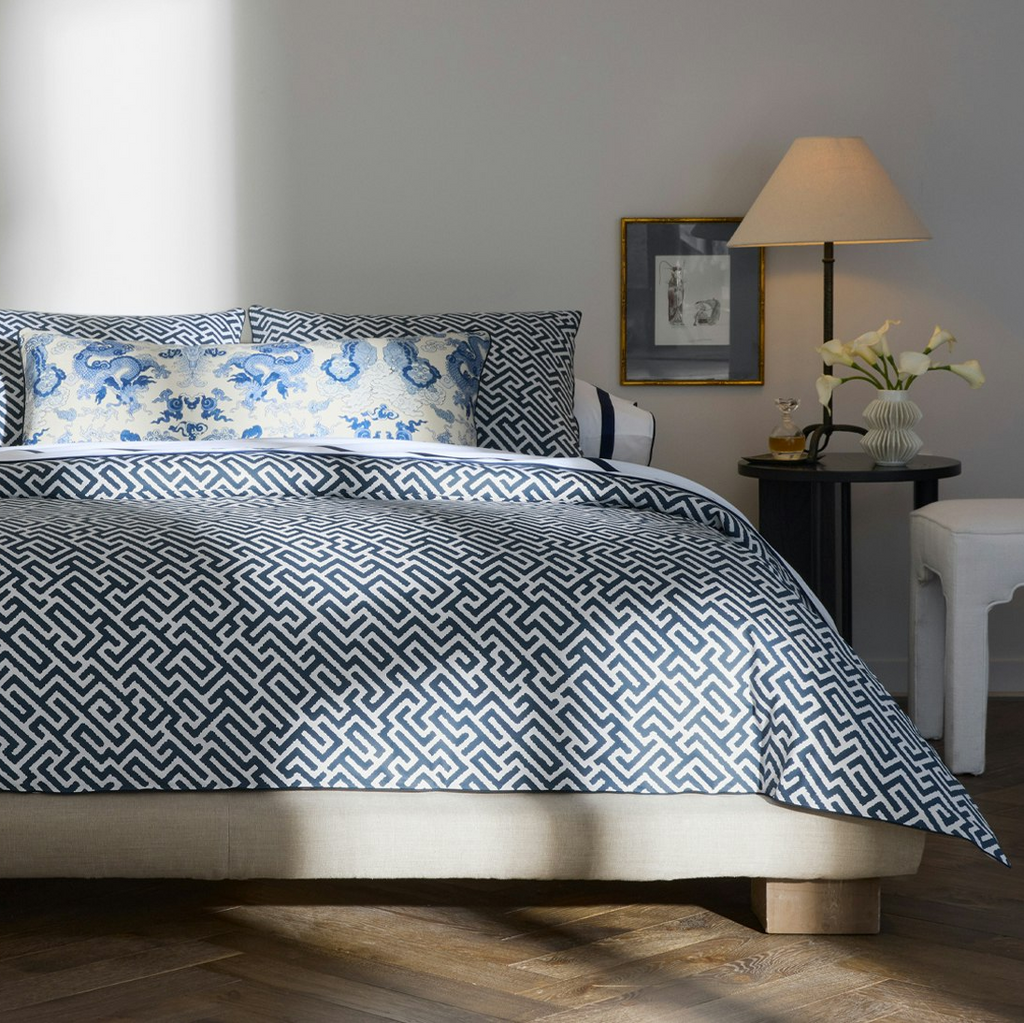 Matouk Gabriel Geometric Printed Sheets, Duvet Cover + Shams in Indigo Blue