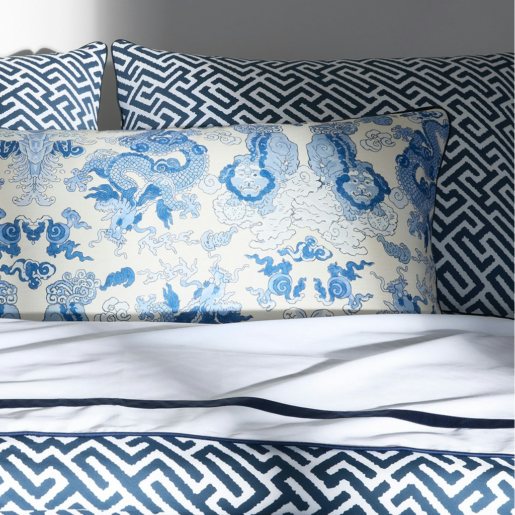 Matouk Gabriel Geometric Printed Sheets, Duvet Cover + Shams in Indigo Blue with Magic Mountain in Porcelain Blue