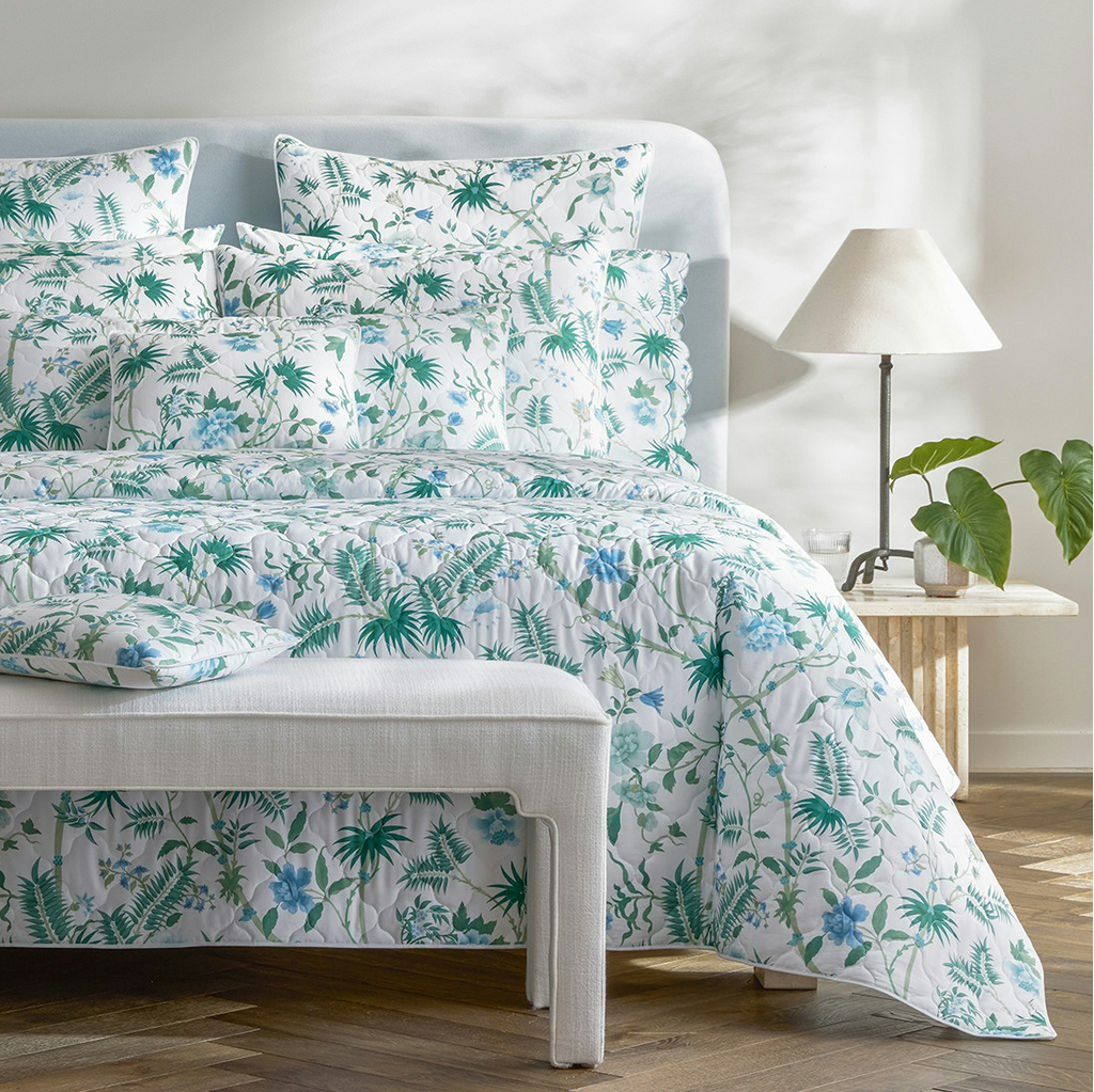 Matouk Schumacher Palmyra Palm Floral Print Quilted Coverlets + Shams in green blue hues