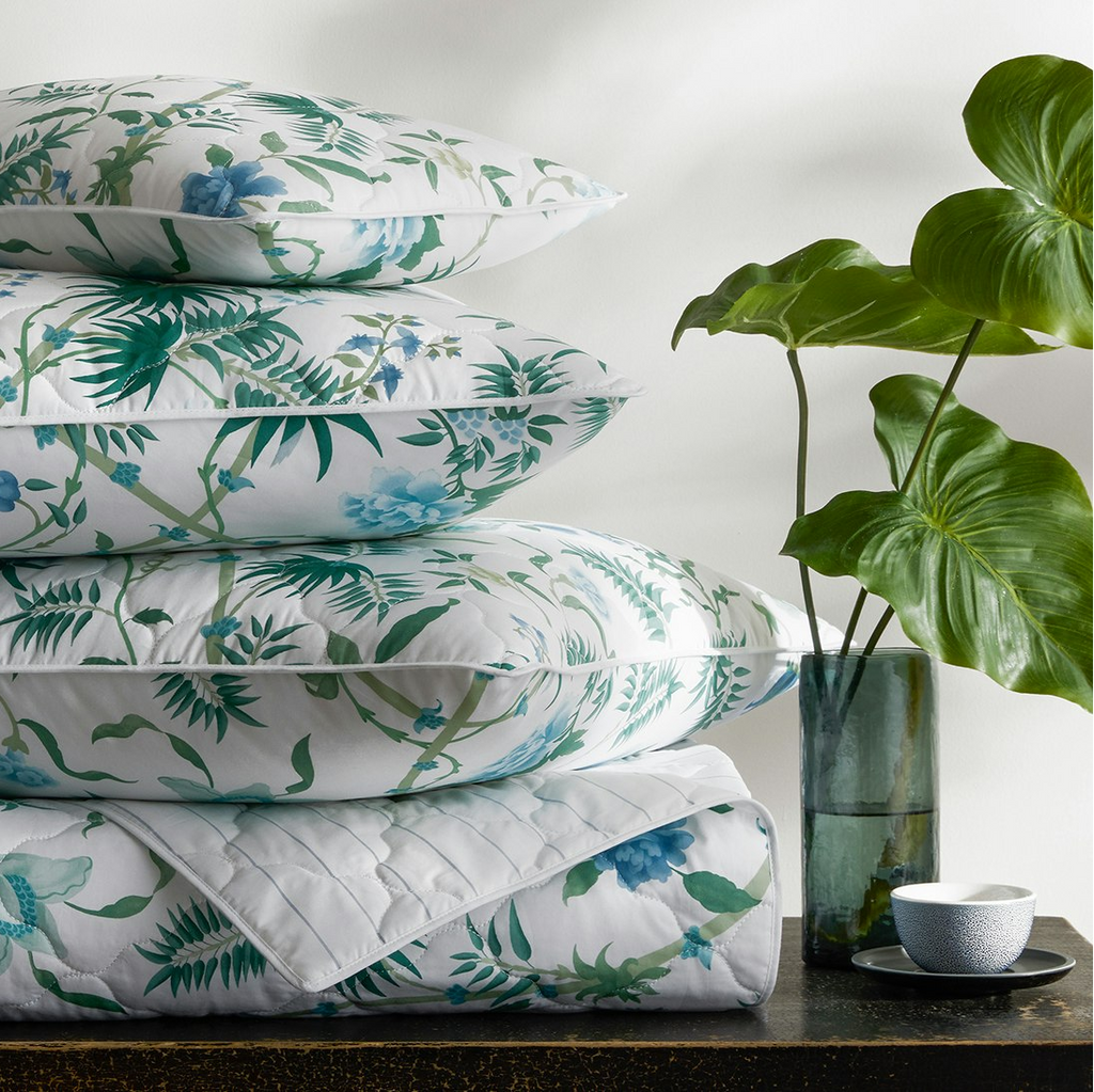 Matouk Schumacher Palmyra Palm Floral Print Quilted Coverlets + Shams in green blue hues