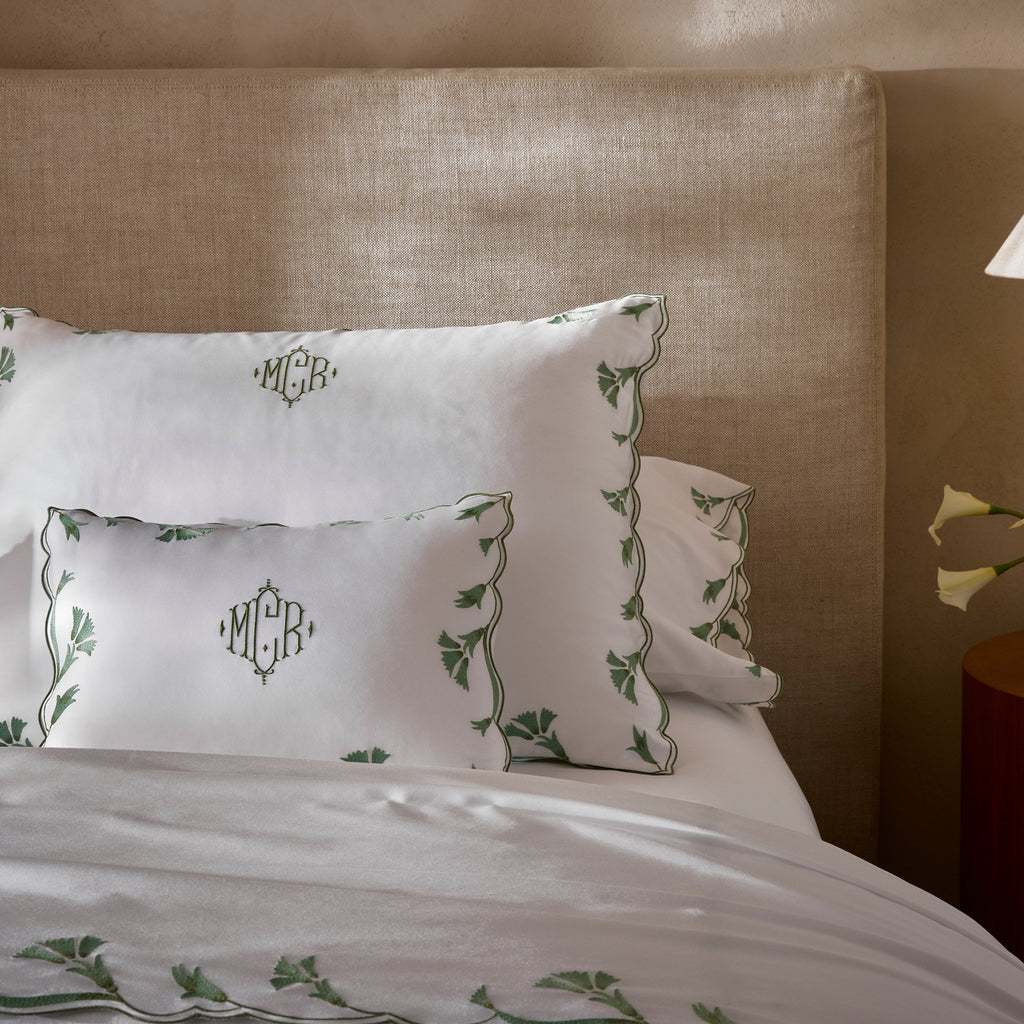 Matouk Marcela Scallop Floral Embroidered Sheets, Duvet Cover + Shams in Clover Green on White