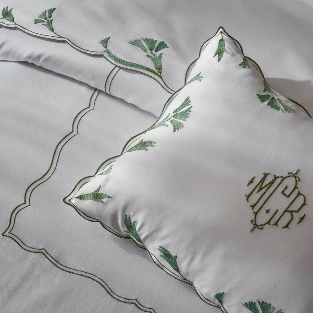 Matouk Marcela Scallop Floral Embroidered Sheets, Duvet Cover + Shams in Clover Green on White