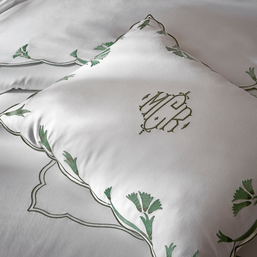 Matouk Marcela Scallop Floral Embroidered Sheets, Duvet Cover + Shams in Clover Green on White