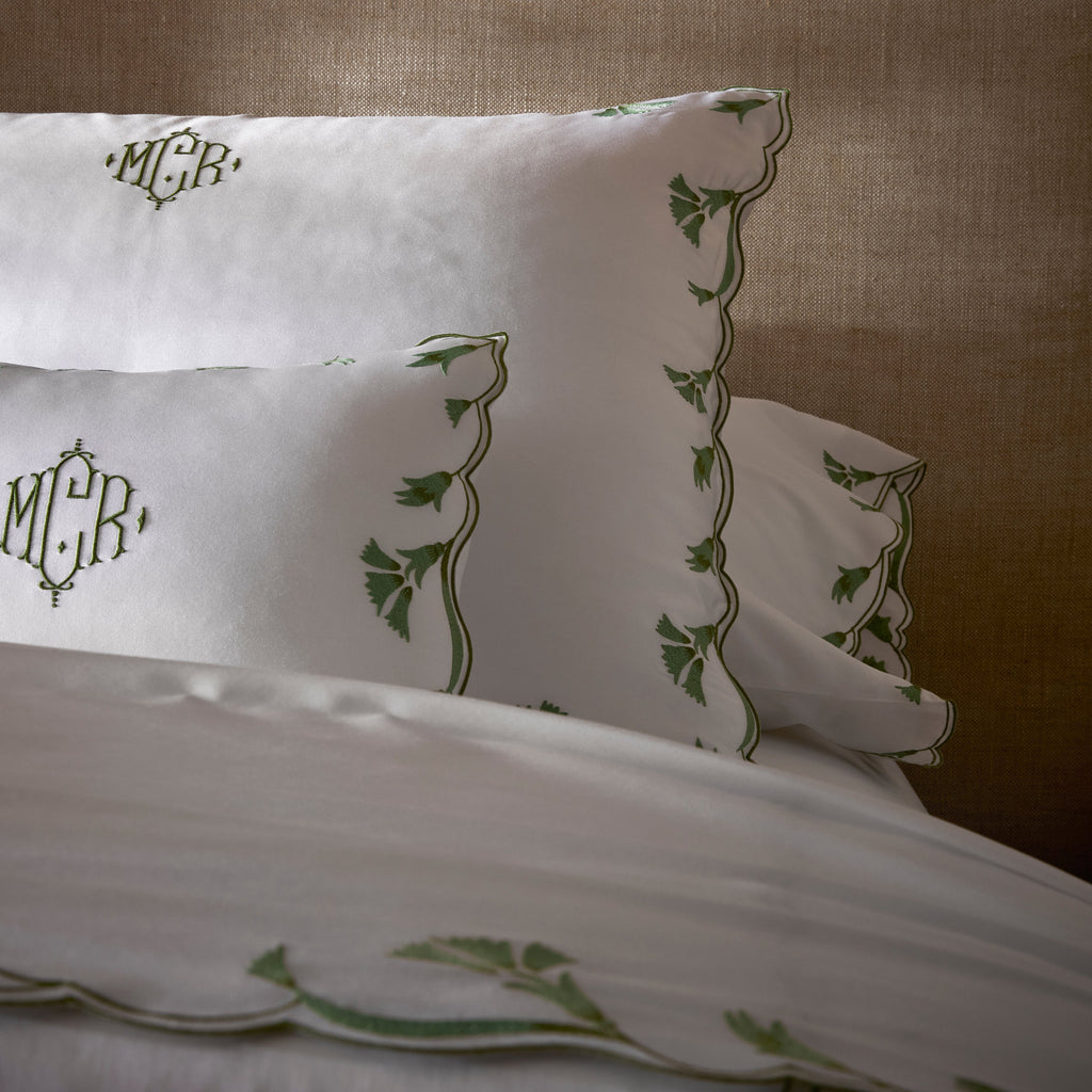 Matouk Marcela Scallop Floral Embroidered Sheets, Duvet Cover + Shams in Clover Green on White