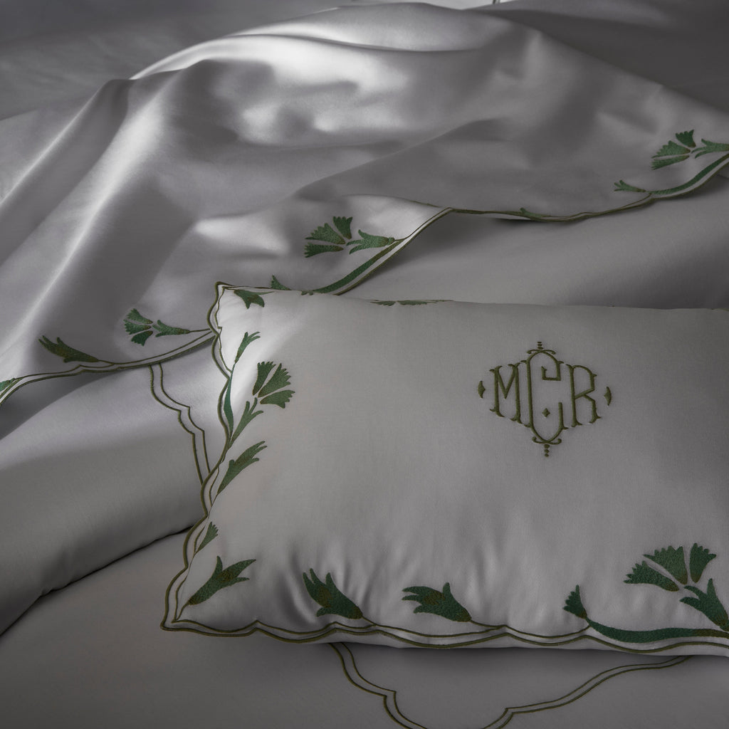Matouk Marcela Scallop Floral Embroidered Sheets, Duvet Cover + Shams in Clover Green on White
