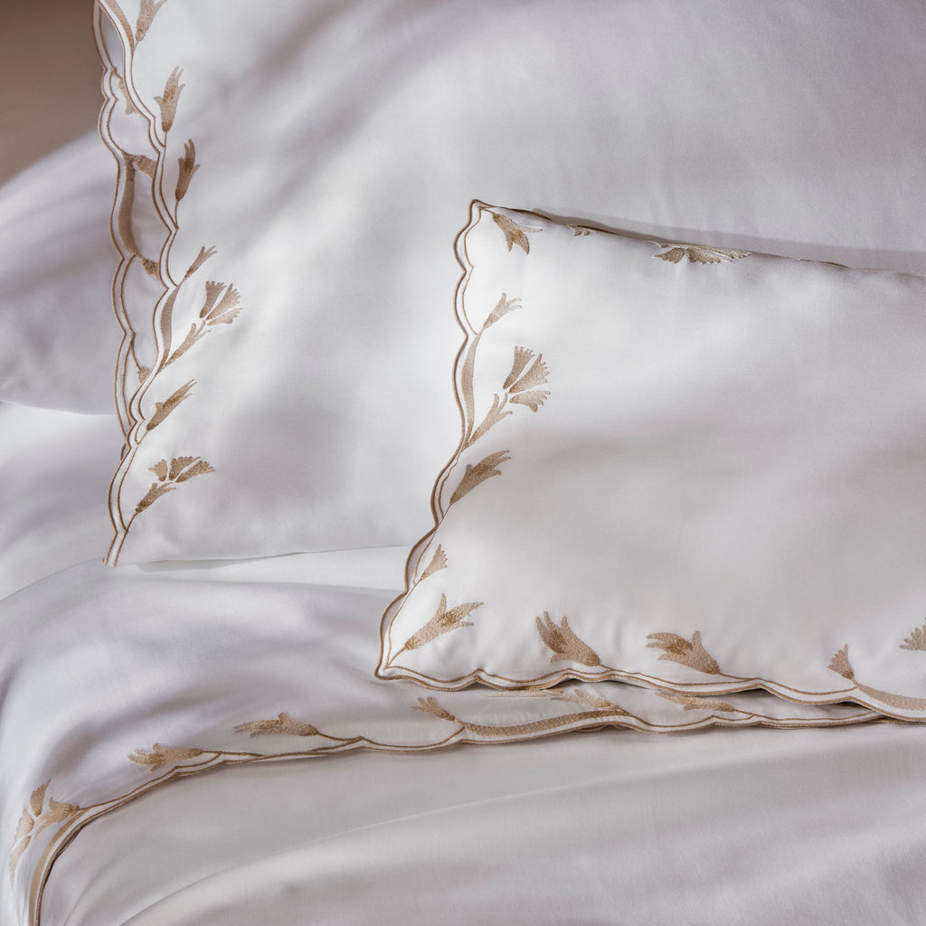 Matouk Marcela Scallop Floral Embroidered Sheets, Duvet Cover + Shams in Dune Beige on White with Cosmo Shams