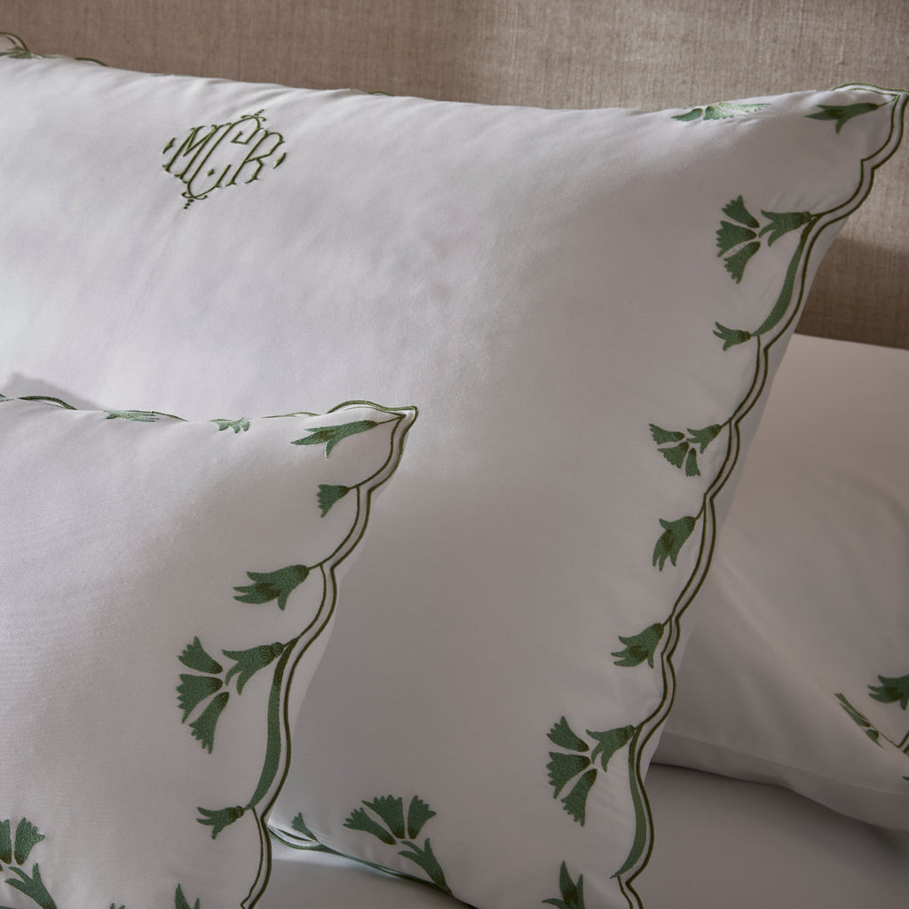 Matouk Marcela Scallop Floral Embroidered Sheets, Duvet Cover + Shams in Clover Green on White 