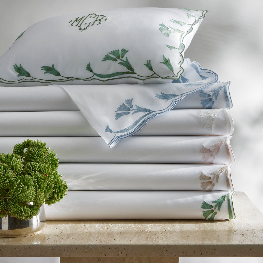 Matouk Marcela Scallop Floral Embroidered Sheets, Duvet Cover + Shams in Clover Green on White, Hazy Blue, Bone on White, Pink on White, Dune on White