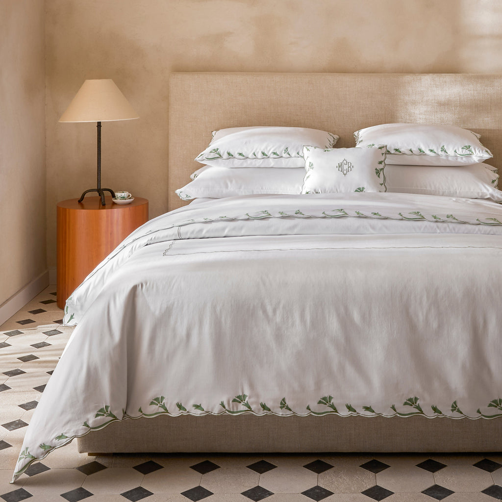 Matouk Marcela Scallop Floral Embroidered Sheets, Duvet Cover + Shams in Clover Green on White