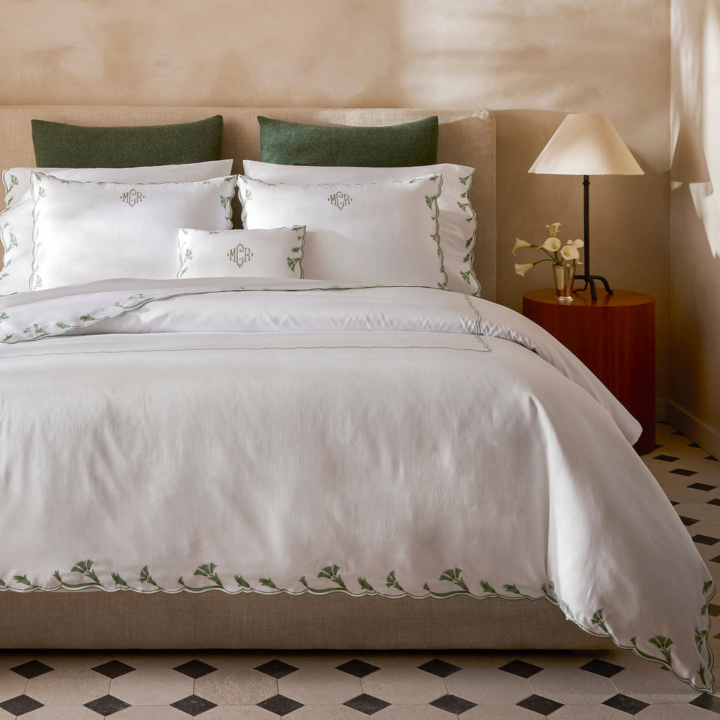 Matouk Marcela Scallop Floral Embroidered Sheets, Duvet Cover + Shams in Clover Green on White with Cosmo Shams