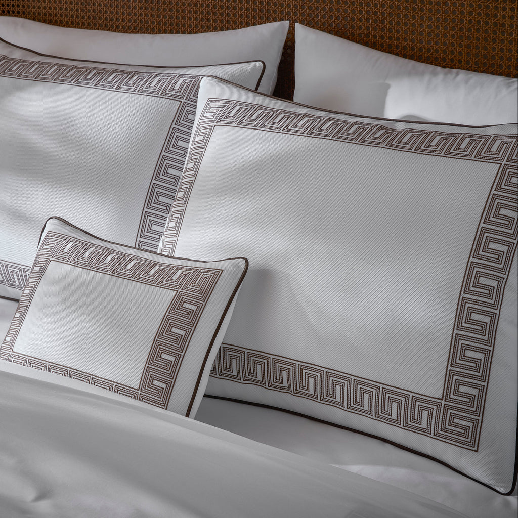 Matouk Schumacher OpheliaPique Coverlet + Shams with Greek Key embroidery on white pique in mocha brown