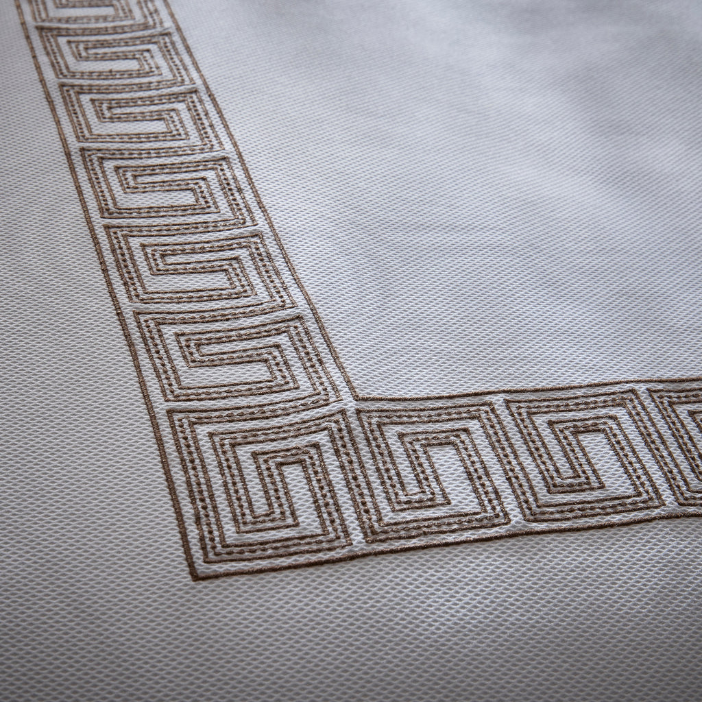 Matouk Schumacher OpheliaPique Coverlet + Shams with Greek Key embroidery on white pique in mocha brown