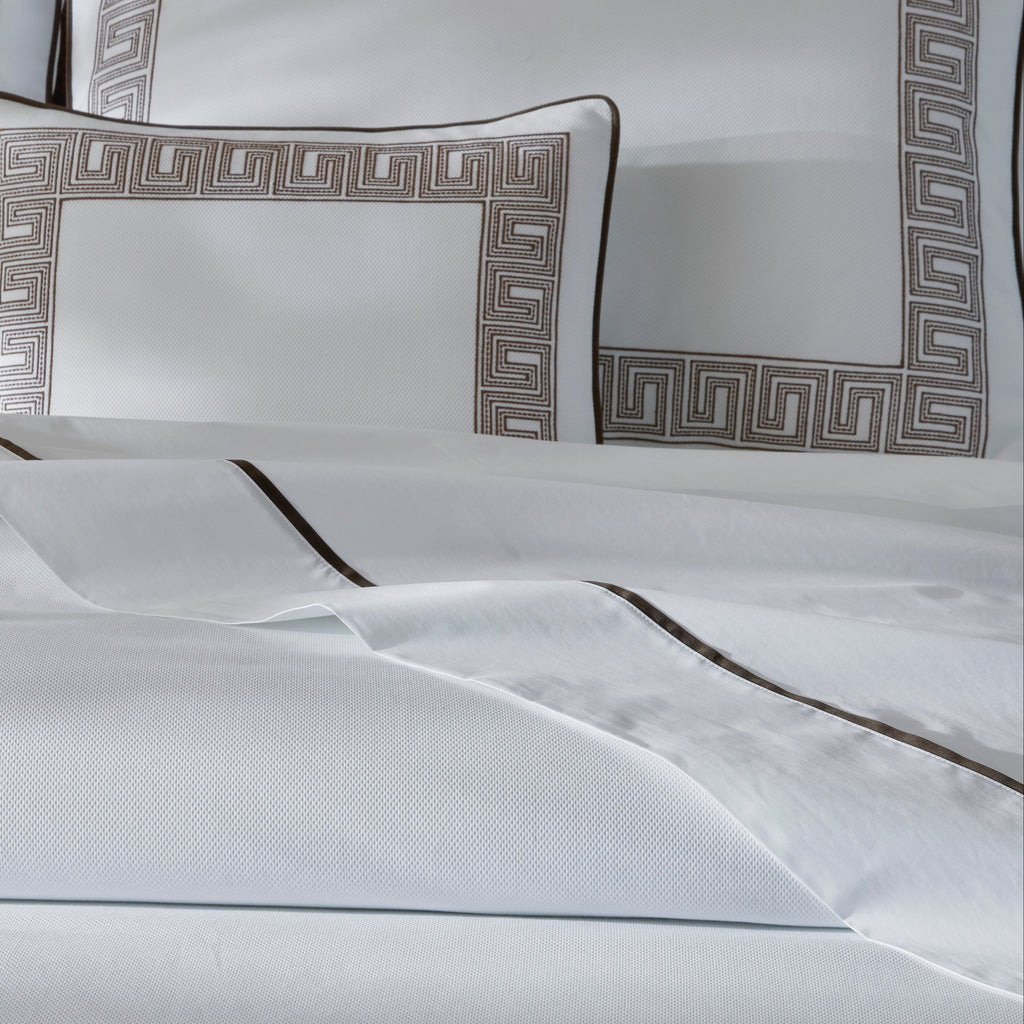 Matouk Schumacher OpheliaPique Coverlet + Shams with Greek Key embroidery on white pique in mocha brown