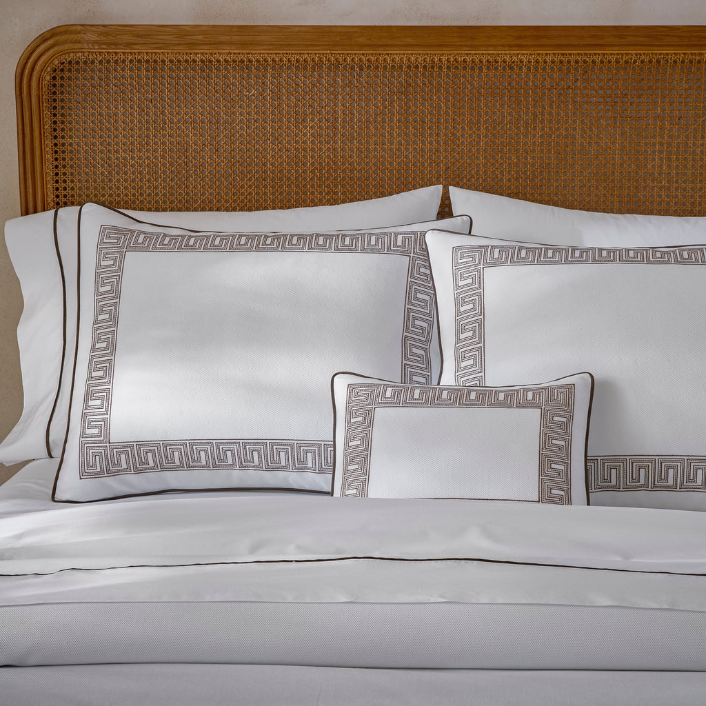 Matouk Schumacher OpheliaPique Coverlet + Shams with Greek Key embroidery on white pique in mocha brown