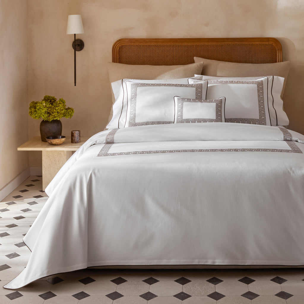 Matouk Schumacher OpheliaPique Coverlet + Shams with Greek Key embroidery on white pique in mocha brown