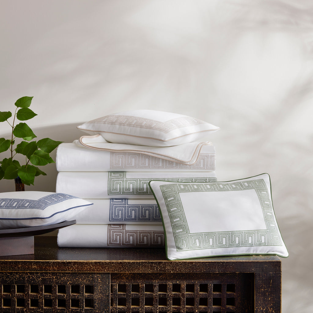 Matouk Schumacher OpheliaPique Coverlet + Shams with Greek Key embroidery on white pique in choice of clover green, dune beige, indigo blue or mocha brown