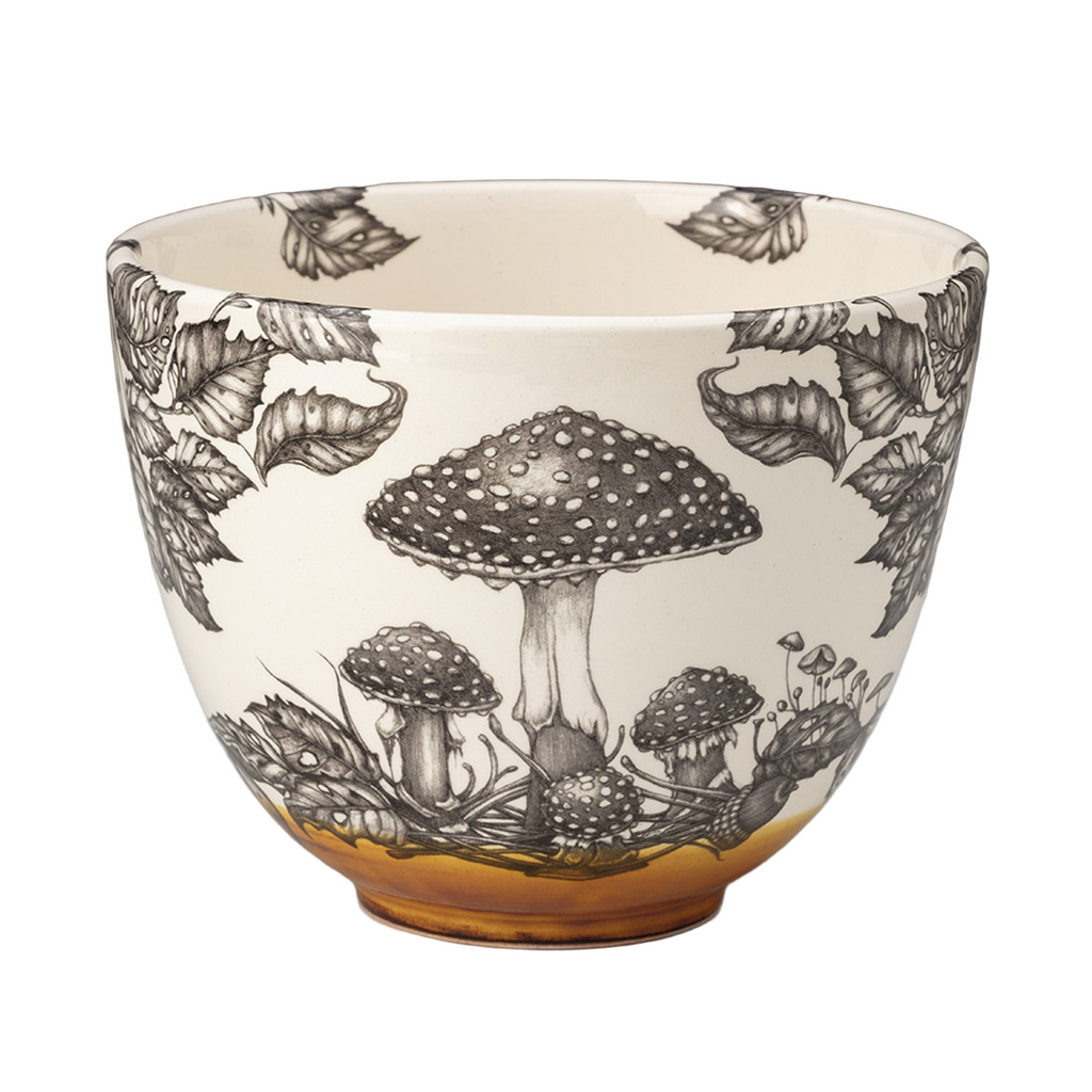 Laura Zindel Medium Bowl: Woodland Mushrooms with Amber bottom