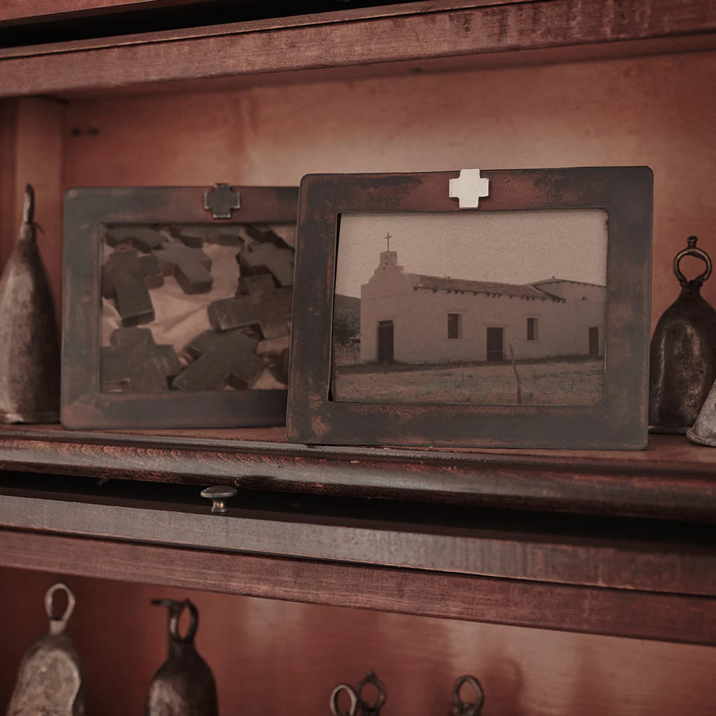 Jan Barboglio Casa Iron Picture Frame with Natural or Nickel finish cross detail