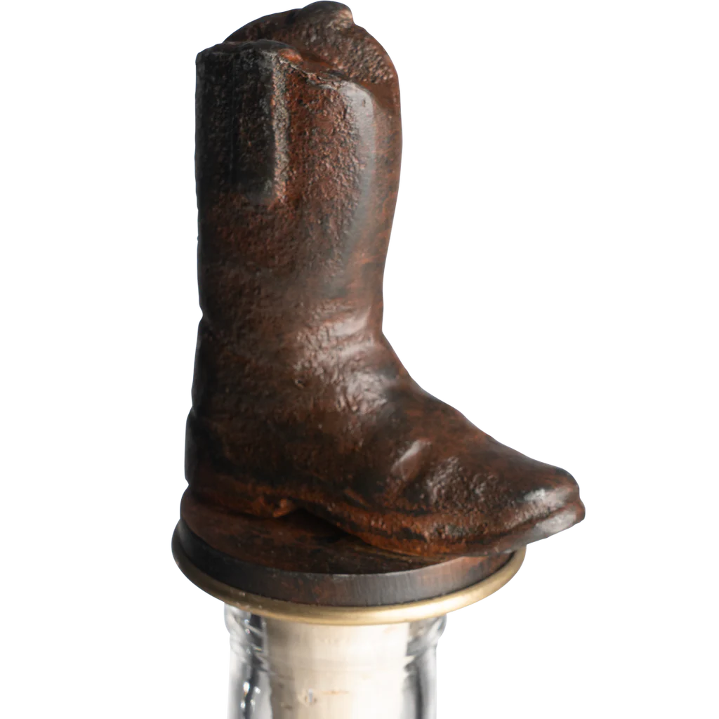 Jan Barboglio Wayne glass decanter with iron cowboy boot stopper