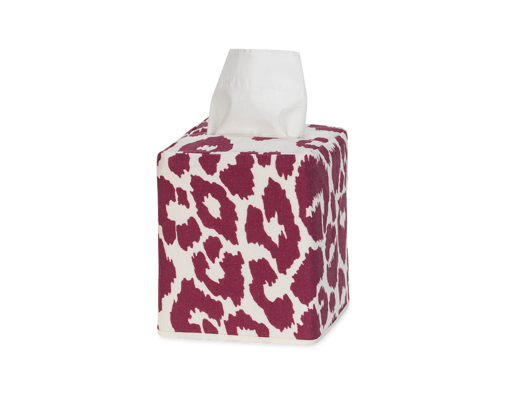 Four Iconic Leopard decorative tissue box covers with leopard print design in Crimson