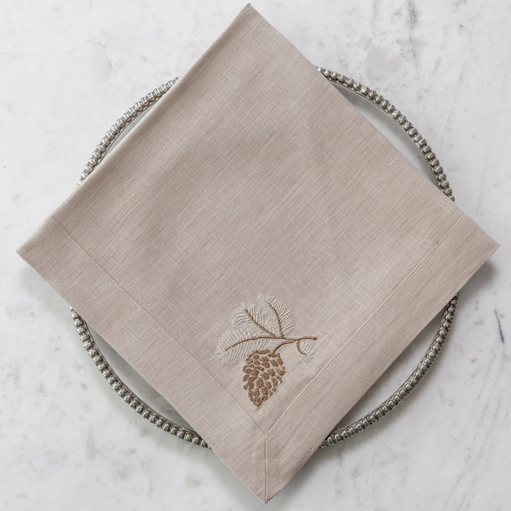 Arte Italica Crown Linens Pinecone Embroidered Flax Linen Napkin