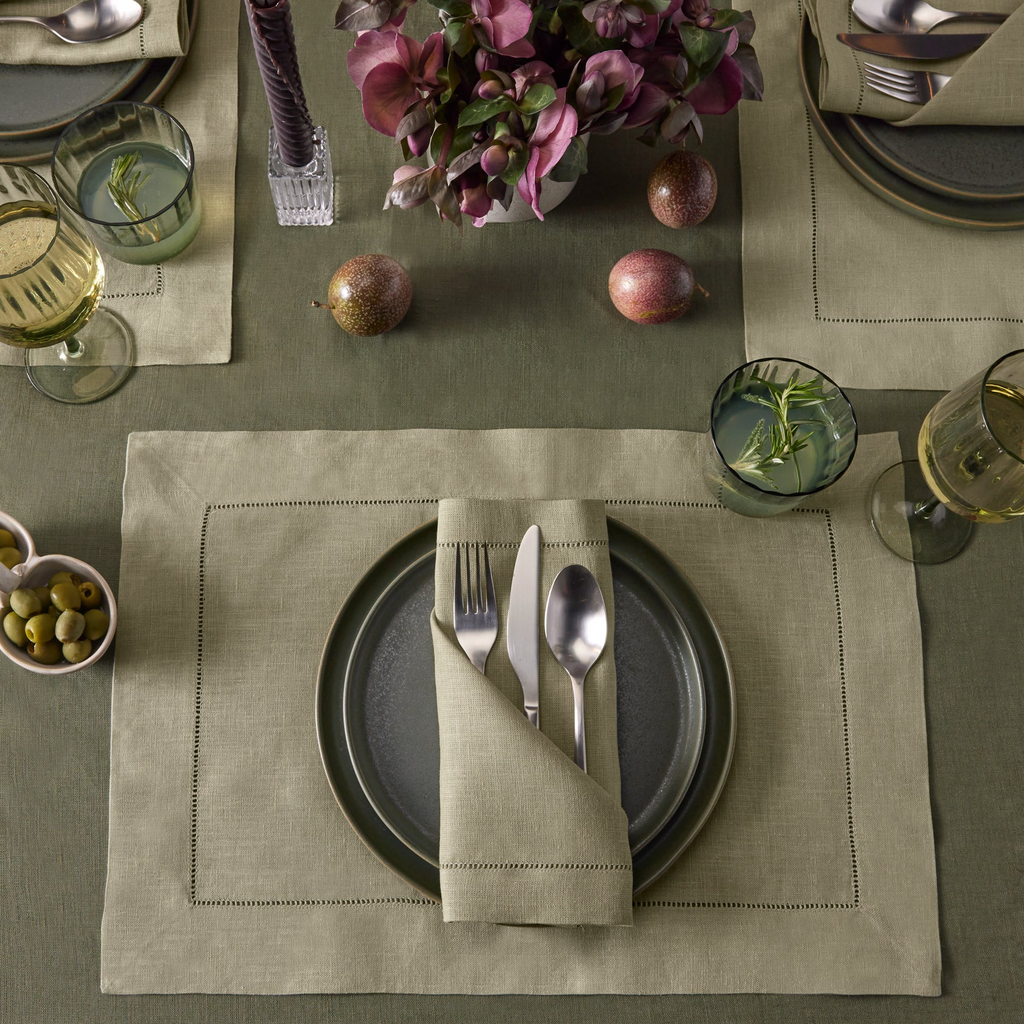 Sferra Festival Linen Placemats and Napkins with Hemstitch in Moss Sage Green