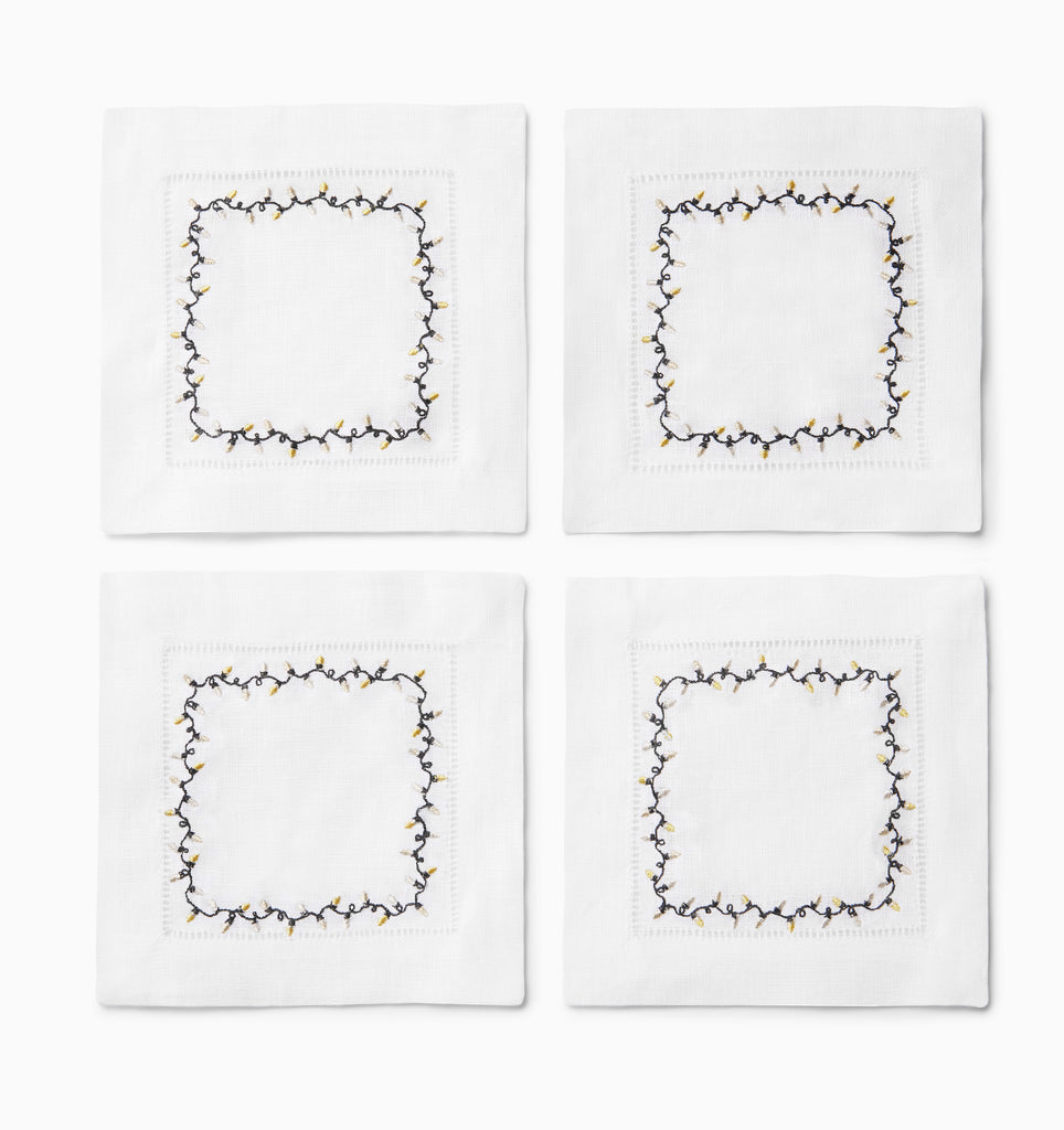Sferra Luci Christmas Light Embroidered Cocktail Napkins Silver Gold