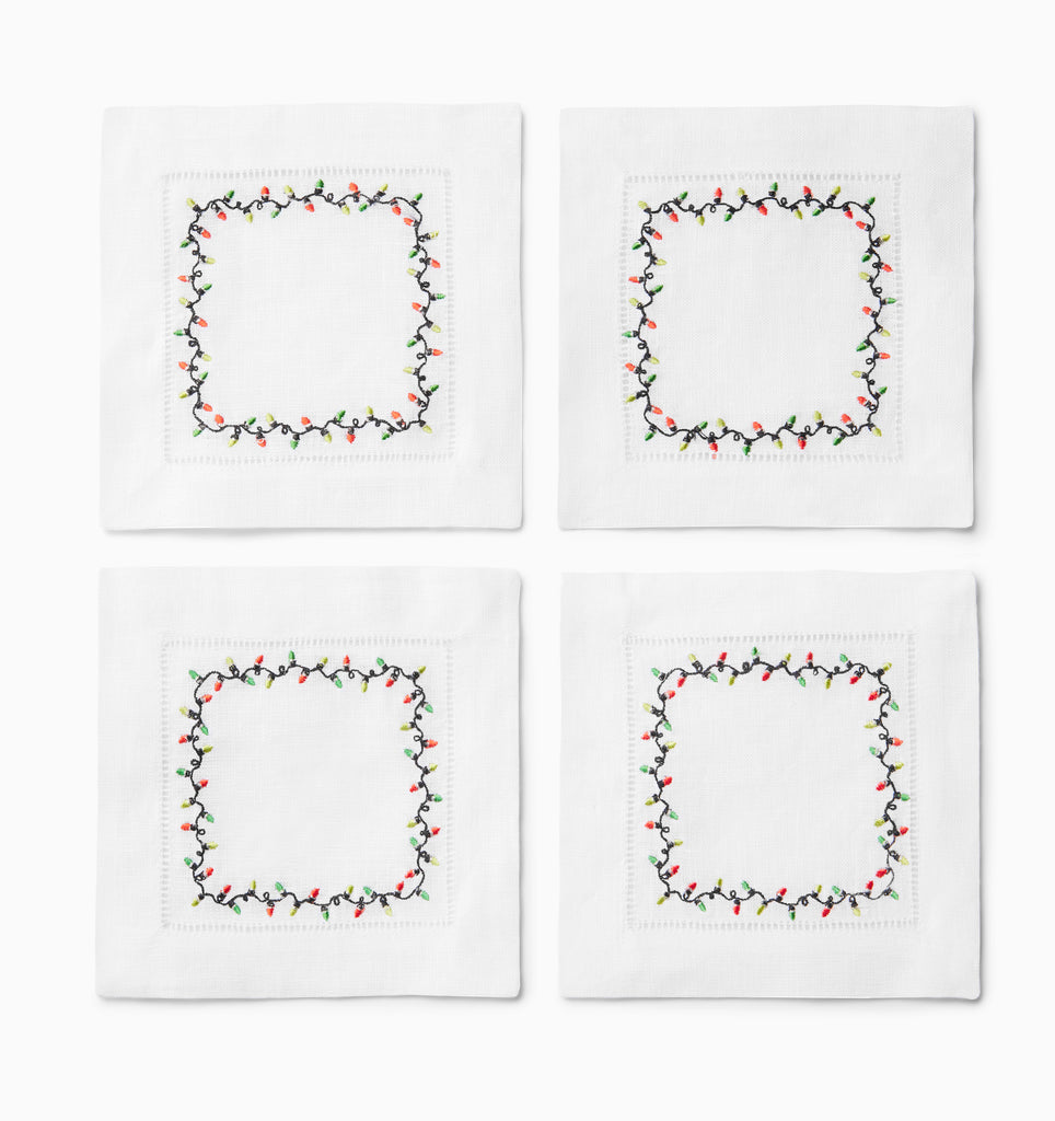 Sferra Luci Christmas Light Embroidered Cocktail Napkins Red Green