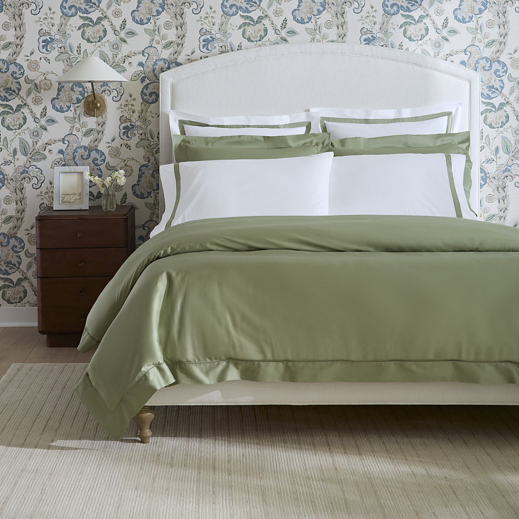 Sferra Fiona Sateen Duvet Cover and Shams in Willow Green with Estate Percale with Willow Sateen Stripe Sheets