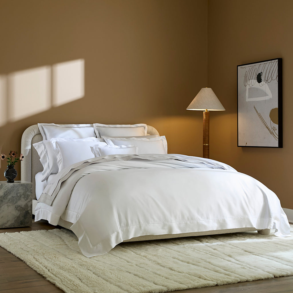 Sferra Giza 45 Ornato Flat Sheet, Euro and Boudoir Sham shown with Giza 45 Sateen Sateen Duvet and Shams , with Bari Coverlet