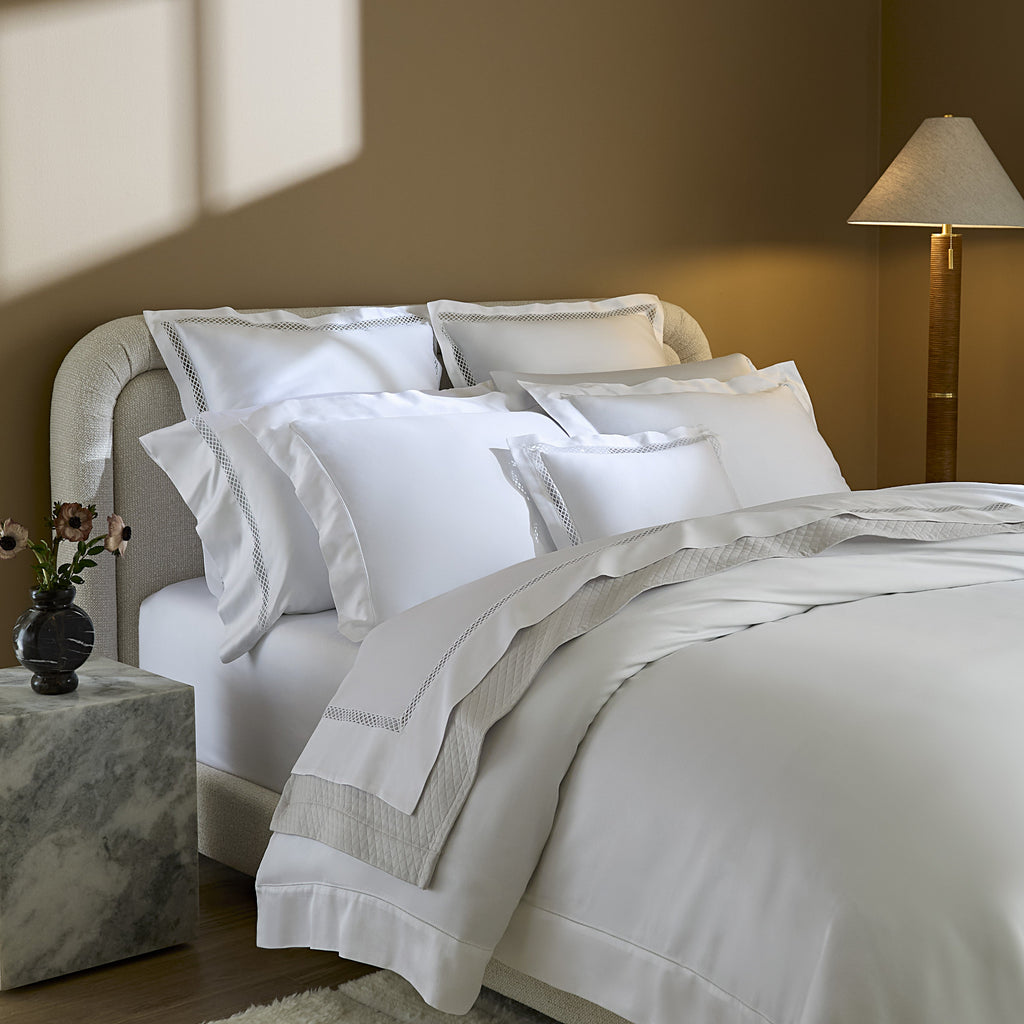 Sferra Giza 45 Ornato Flat Sheet, Euro and Boudoir Sham shown with Giza 45 Sateen Sateen Duvet and Shams , with Bari Coverlet