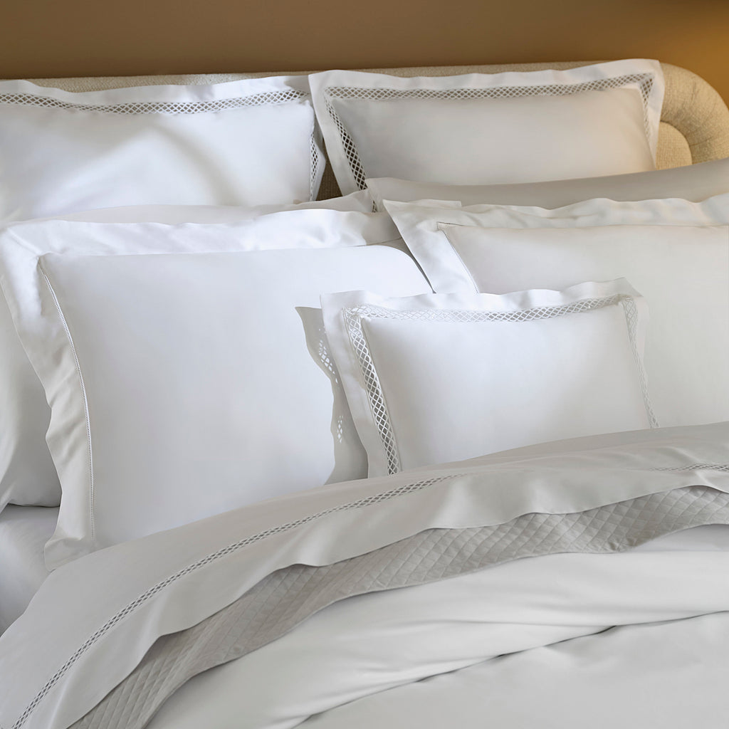 Sferra Giza 45 Ornato Flat Sheet, Euro and Boudoir Sham shown with Giza 45 Sateen Sateen Duvet and Shams , with Bari Coverlet