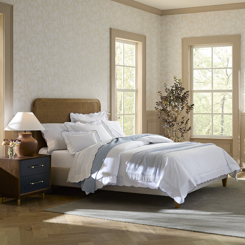 Sferra Limana Sheets, Duvet Covers + Shams in White with Sea Blue Embroidered Scalloped edges