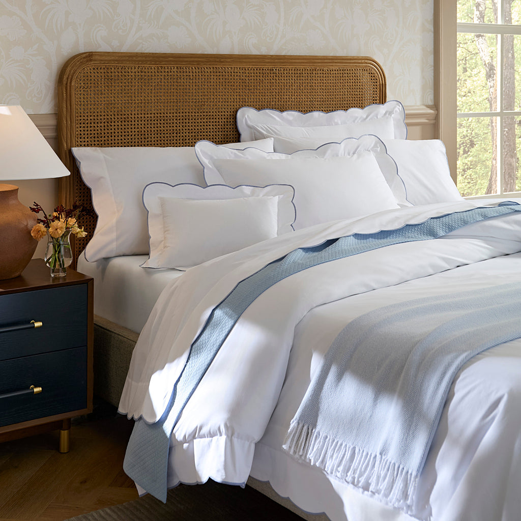 Sferra Limana Sheets, Duvet Covers + Shams in White with Sea Blue Embroidered Scalloped edges