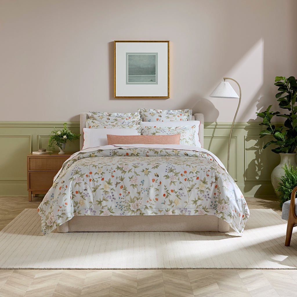 Sferra Scalamandre Luoyang Garden Printed Floral Duvet Cover and Shams with Limana Flat Sheet and Pillowcase in Persimmon