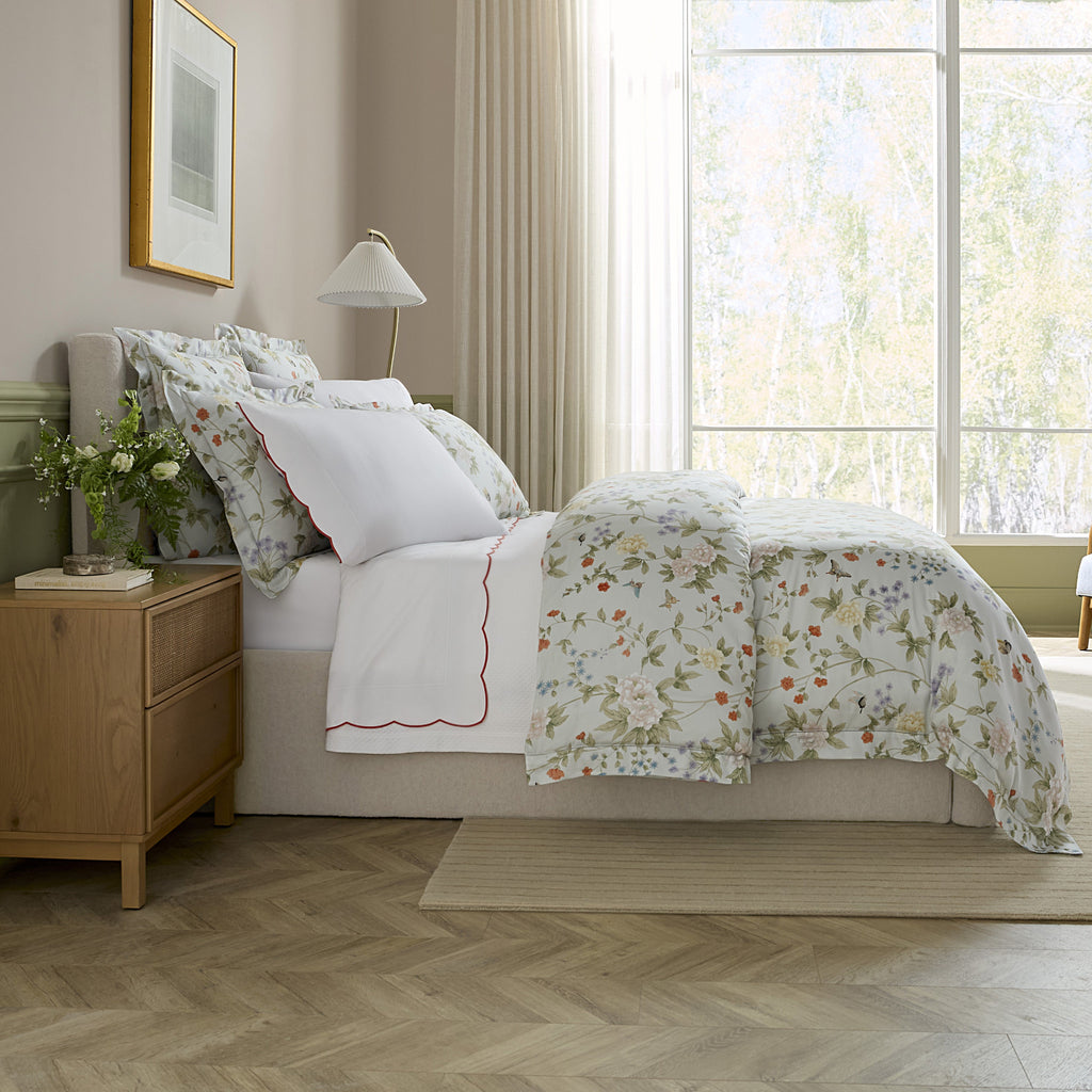 Sferra Scalamandre Luoyang Garden Printed Floral Duvet Cover and Shams with Limana Flat Sheet and Pillowcase in Persimmon