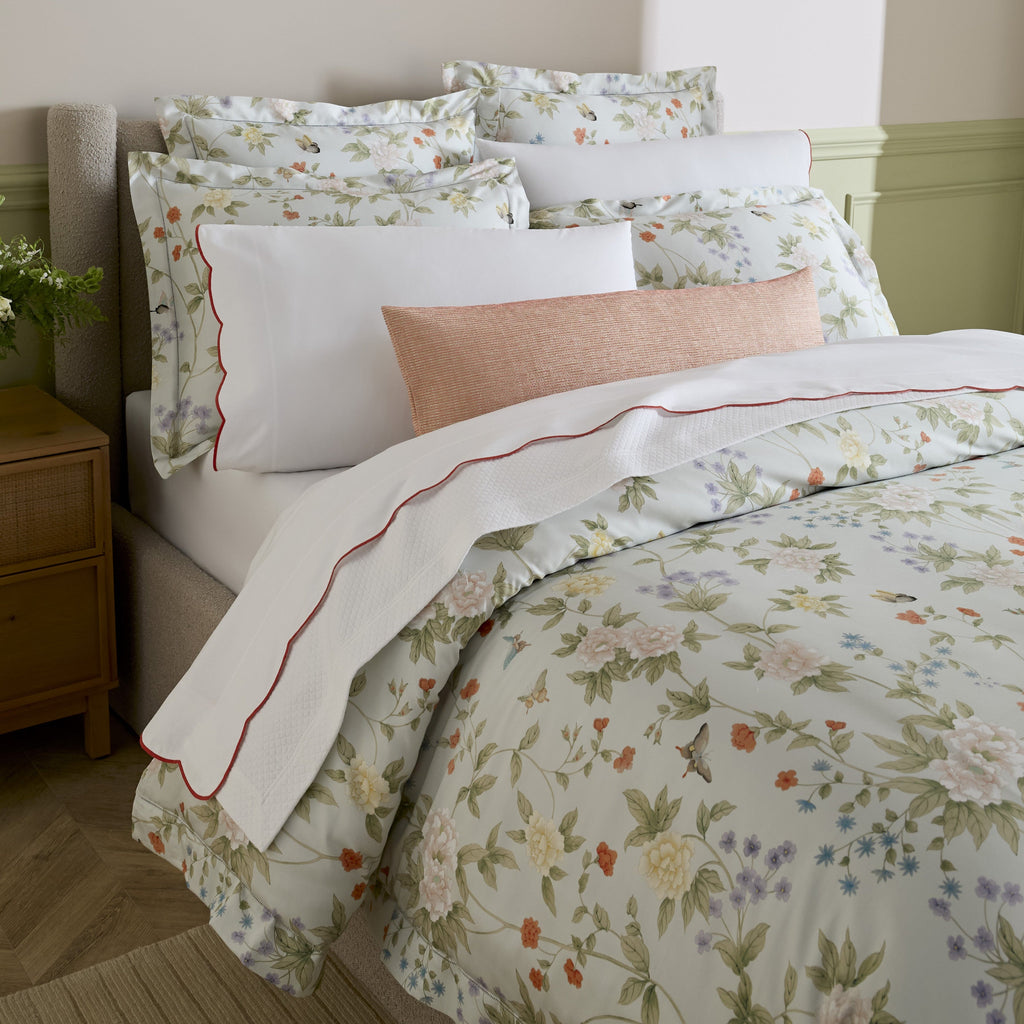 Sferra Scalamandre Luoyang Garden Printed Floral Duvet Cover and Shams with Limana Flat Sheet and Pillowcase in Persimmon