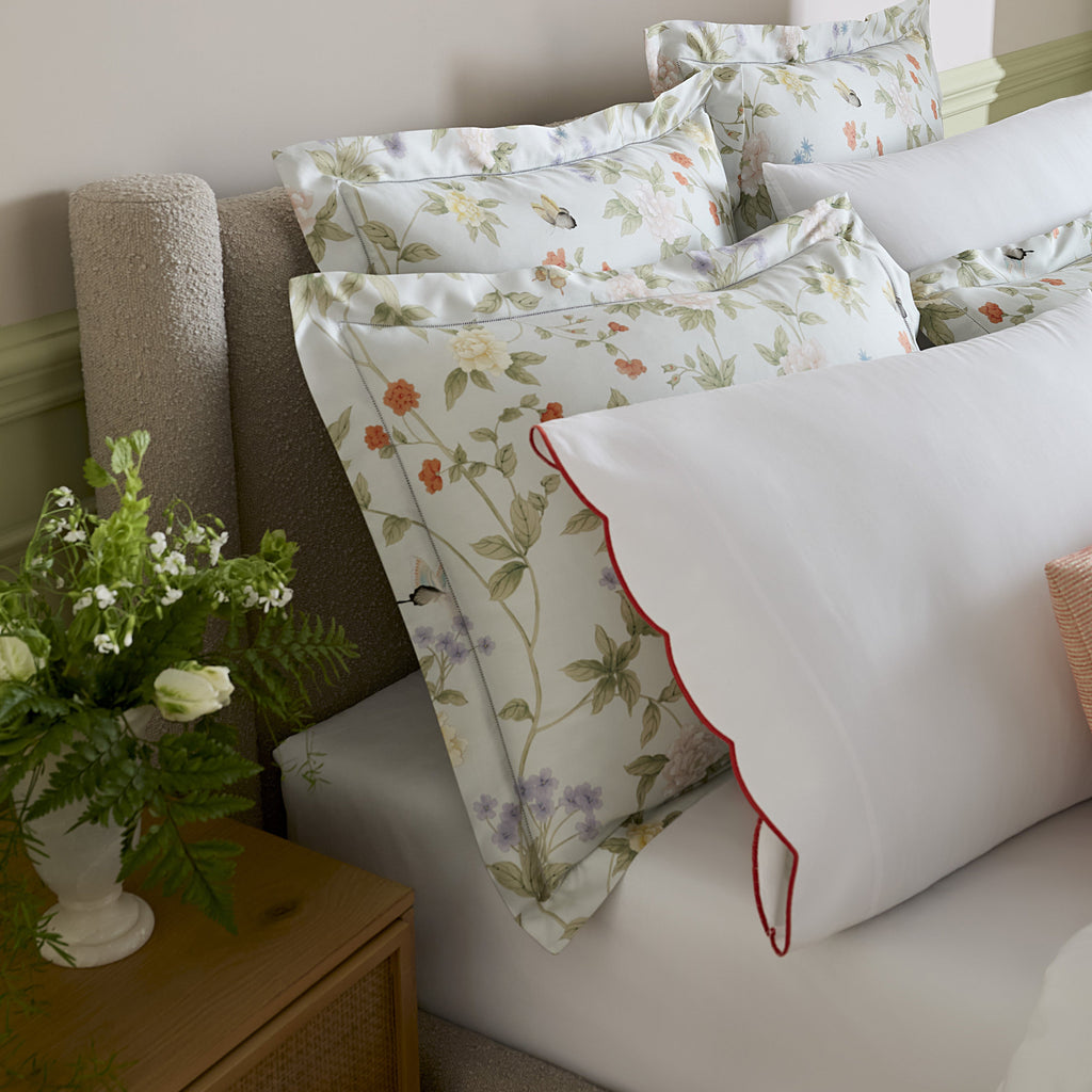 Sferra Scalamandre Luoyang Garden Printed Floral Duvet Cover and Shams with Limana  Pillowcase in Persimmon and Grande Hotel White Fitted Sheet