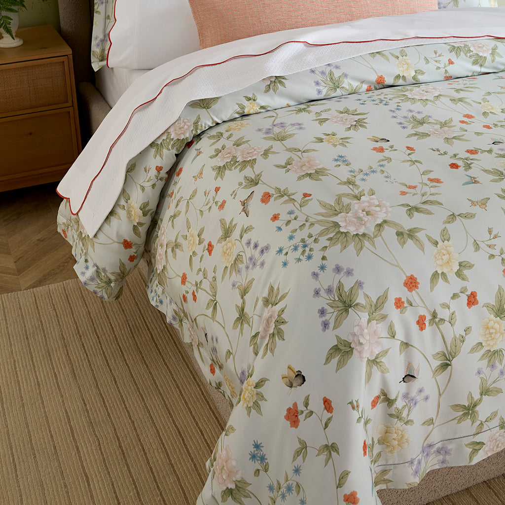 Sferra Scalamandre Luoyang Garden Printed Floral Duvet Cover and Shams with Limana Flat Sheet and Pillowcase in Persimmon