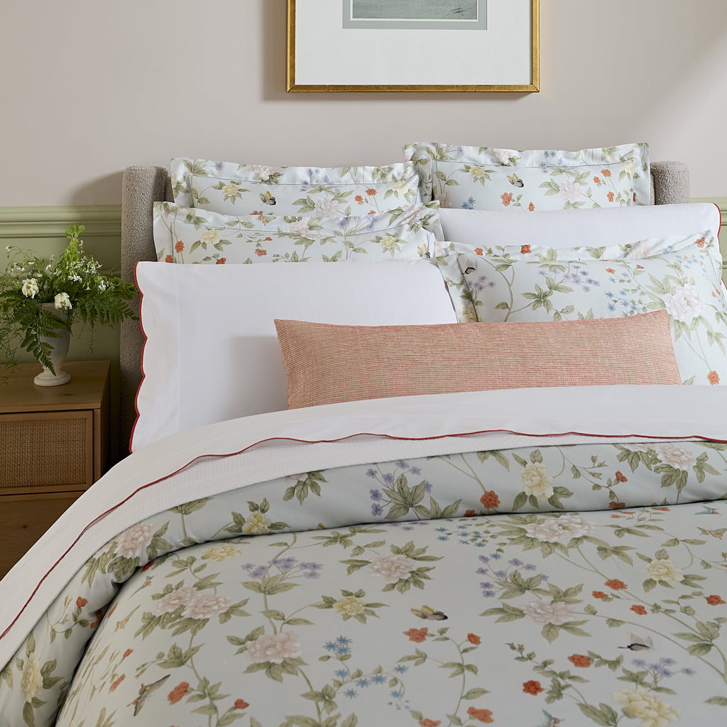 Sferra Scalamandre Luoyang Garden Printed Floral Duvet Cover and Shams with Limana Flat Sheet and Pillowcase in Persimmon