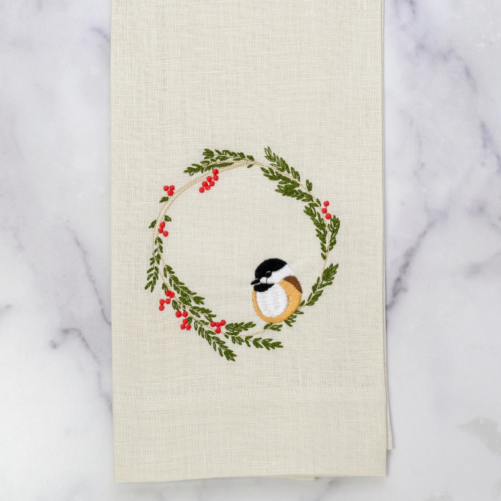Crown Linens Embroidered Chickadee Wreath Linen Towel